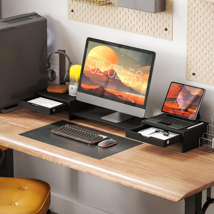 Dual Monitor Stand Riser with 2 Drawers, Adjustable 60-116cm Length and Angle for Laptop, PC, Printer - Black