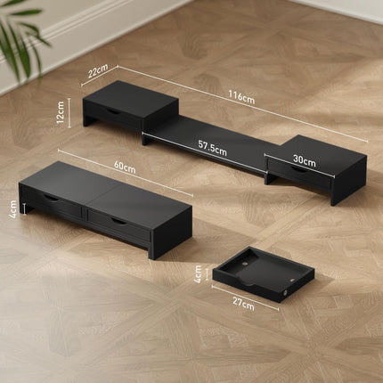 Dual Monitor Stand Riser with 2 Drawers, Adjustable 60-116cm Length and Angle for Laptop, PC, Printer - Black