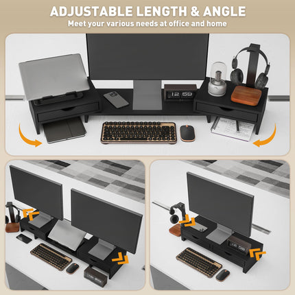 Dual Monitor Stand Riser with 2 Drawers, Adjustable 60-116cm Length and Angle for Laptop, PC, Printer - Black