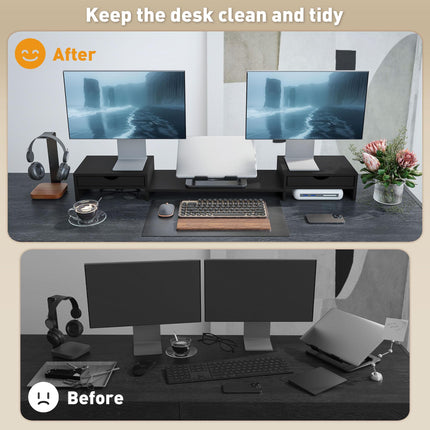 Dual Monitor Stand Riser with 2 Drawers, Adjustable 60-116cm Length and Angle for Laptop, PC, Printer - Black
