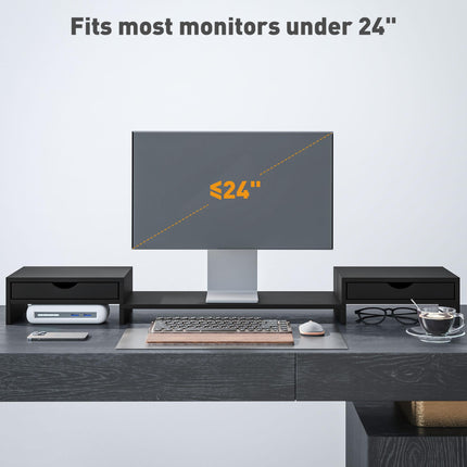 Dual Monitor Stand Riser with 2 Drawers, Adjustable 60-116cm Length and Angle for Laptop, PC, Printer - Black