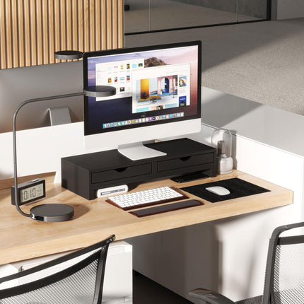 Dual Monitor Stand Riser with 2 Drawers, Adjustable 60-116cm Length and Angle for Laptop, PC, Printer - Black