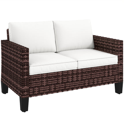 Two-Seater Outdoor Rattan Sofa with Cushions - Brown