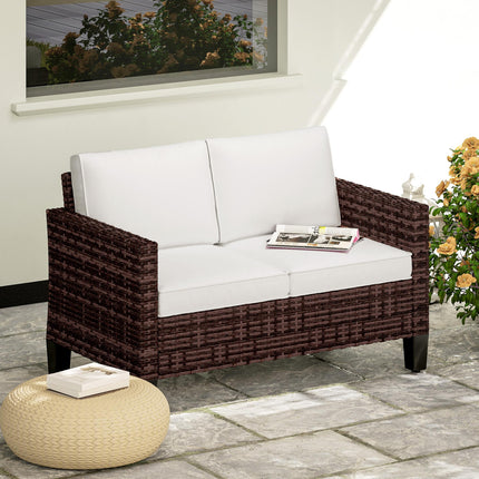 Two-Seater Outdoor Rattan Sofa with Cushions - Brown