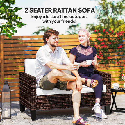 Two-Seater Outdoor Rattan Sofa with Cushions - Brown