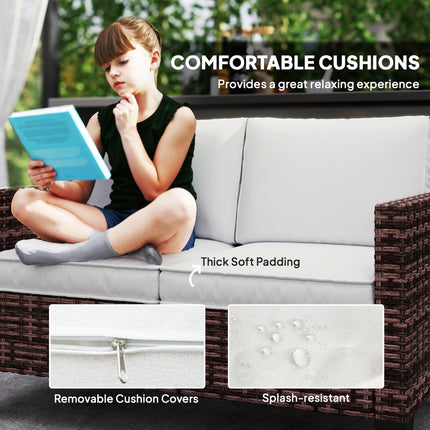 Two-Seater Outdoor Rattan Sofa with Cushions - Brown