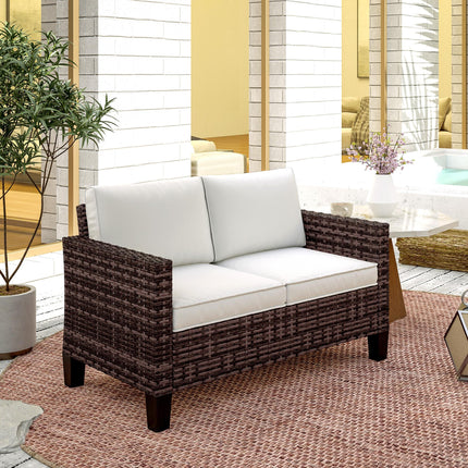 Two-Seater Outdoor Rattan Sofa with Cushions - Brown