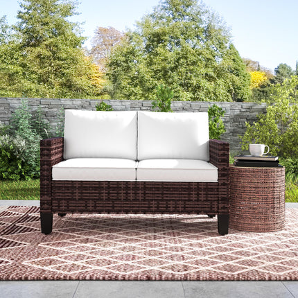 Two-Seater Outdoor Rattan Sofa with Cushions - Brown