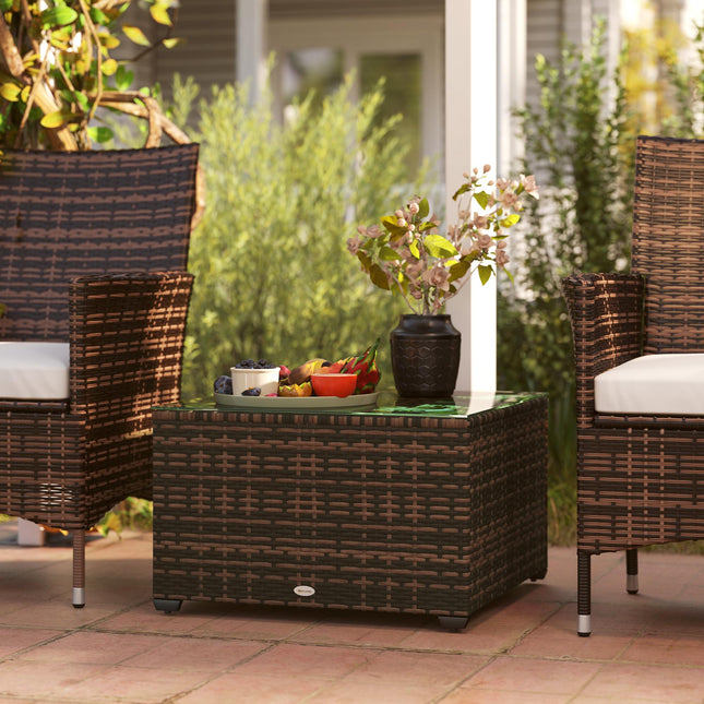 62cm Rattan Side Table with Tempered Glass Top - Brown