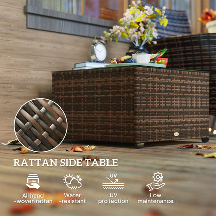 62cm Rattan Side Table with Tempered Glass Top - Brown