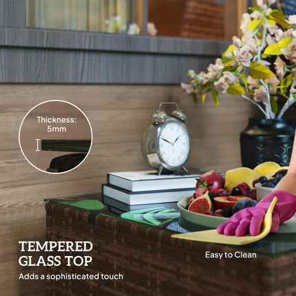 62cm Rattan Side Table with Tempered Glass Top - Brown