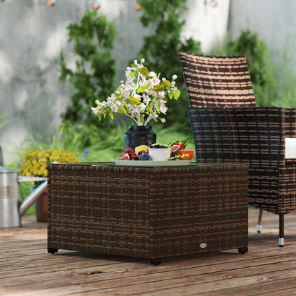 62cm Rattan Side Table with Tempered Glass Top - Brown