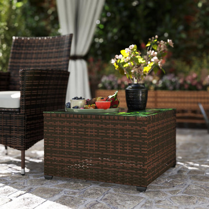 62cm Rattan Side Table with Tempered Glass Top - Brown