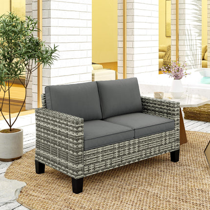 Two-Seater Rattan Outdoor Sofa with Cushions - Light Grey