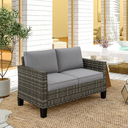 Two-Seater Outdoor Rattan Sofa with Cushions - Dark Grey