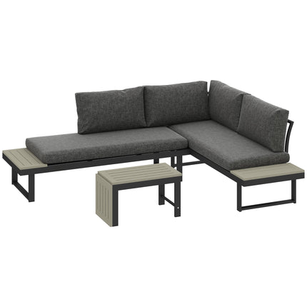 4 Seater L Shaped Aluminium Sectional Garden Furniture Set with 2 Loveseats & Wood-Plastic Coffee Table - Dark Grey