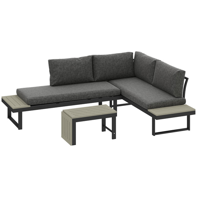 4 Seater L Shaped Aluminium Sectional Garden Furniture Set with 2 Loveseats & Wood-Plastic Coffee Table - Dark Grey
