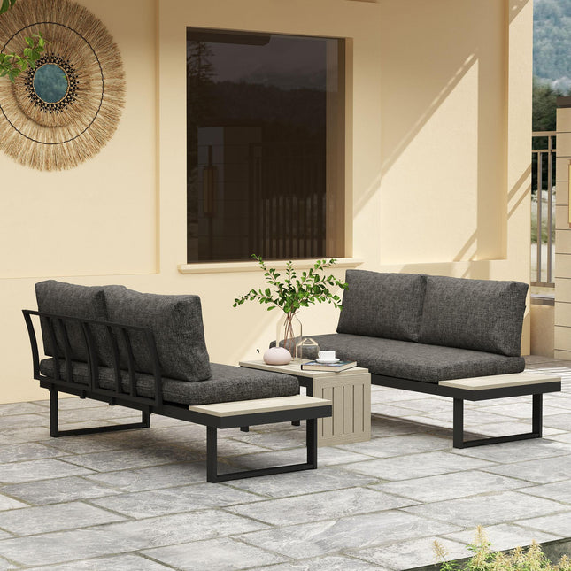 4 Seater L Shaped Aluminium Sectional Garden Furniture Set with 2 Loveseats & Wood-Plastic Coffee Table - Dark Grey
