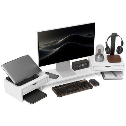 Dual Monitor Stand Riser with 2 Drawers, Adjustable 60-116cm Length and Angle for Laptop, PC, Small Printer - White