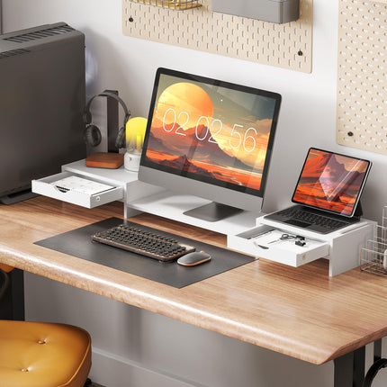 Dual Monitor Stand Riser with 2 Drawers, Adjustable 60-116cm Length and Angle for Laptop, PC, Small Printer - White
