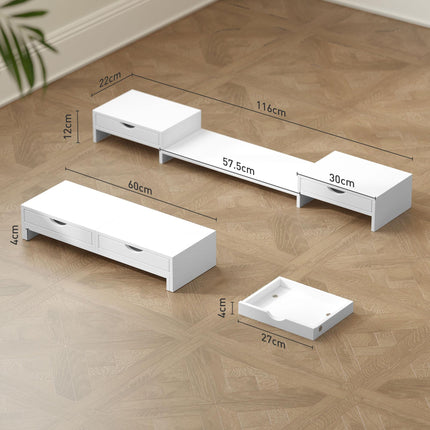 Dual Monitor Stand Riser with 2 Drawers, Adjustable 60-116cm Length and Angle for Laptop, PC, Small Printer - White