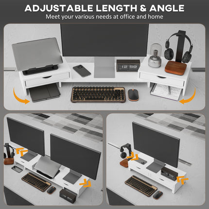 Dual Monitor Stand Riser with 2 Drawers, Adjustable 60-116cm Length and Angle for Laptop, PC, Small Printer - White