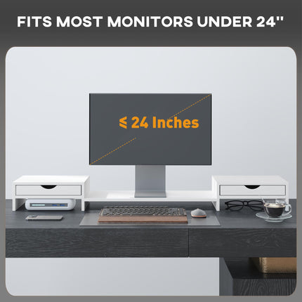Dual Monitor Stand Riser with 2 Drawers, Adjustable 60-116cm Length and Angle for Laptop, PC, Small Printer - White