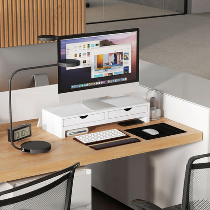 Dual Monitor Stand Riser with 2 Drawers, Adjustable 60-116cm Length and Angle for Laptop, PC, Small Printer - White