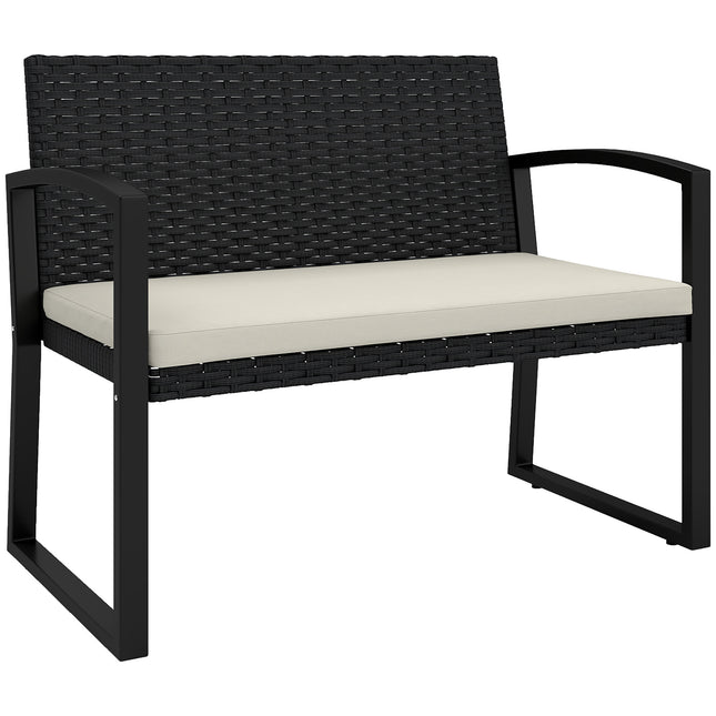 Two-Seater Rattan Garden Bench with Cushion - Beige/Black