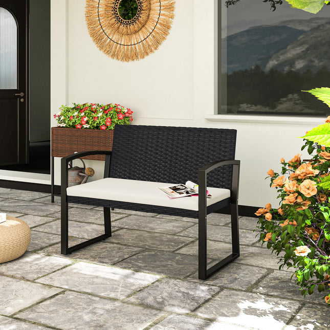 Two-Seater Rattan Garden Bench with Cushion - Beige/Black