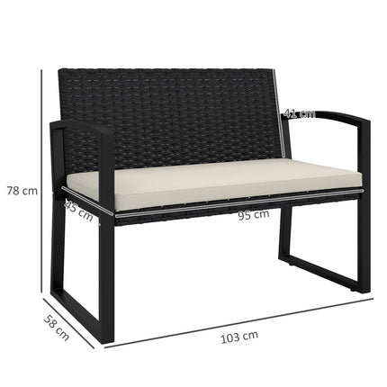 Two-Seater Rattan Garden Bench with Cushion - Beige/Black