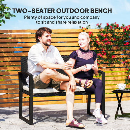 Two-Seater Rattan Garden Bench with Cushion - Beige/Black
