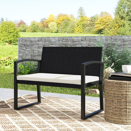 Two-Seater Rattan Garden Bench with Cushion - Beige/Black