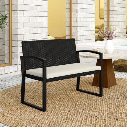 Two-Seater Rattan Garden Bench with Cushion - Beige/Black