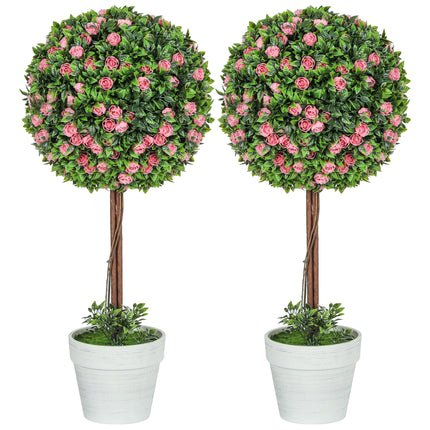 Set of 2 Decorative 60cm Ball Topiary Rose Artificial Plants in Pots - Pink
