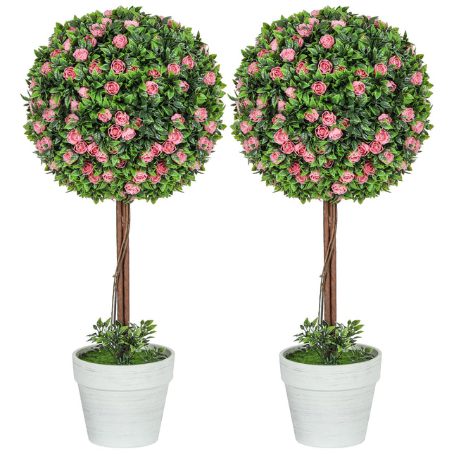 Set of 2 Decorative 60cm Ball Topiary Rose Artificial Plants in Pots - Pink