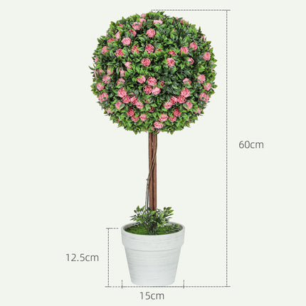 Set of 2 Decorative 60cm Ball Topiary Rose Artificial Plants in Pots - Pink
