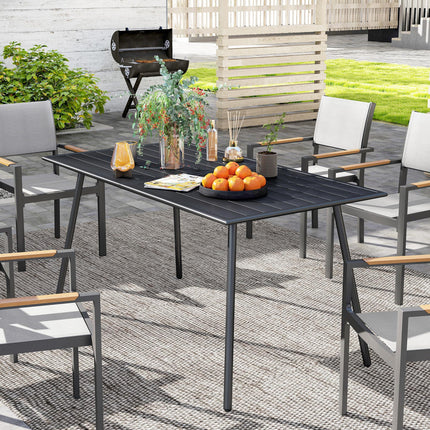 6 Seater Rectangle Garden Table with Slat Top Steel Frame - Black