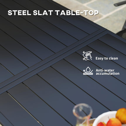 6 Seater Rectangle Garden Table with Slat Top Steel Frame - Black