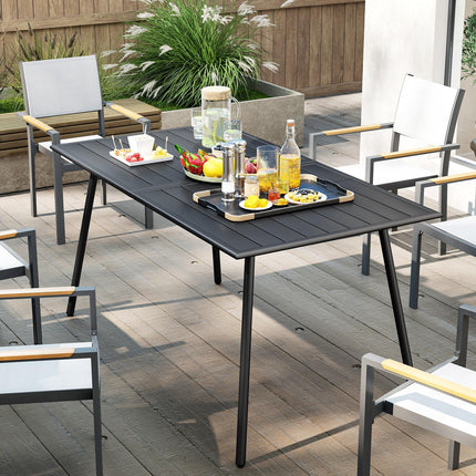 6 Seater Rectangle Garden Table with Slat Top Steel Frame - Black