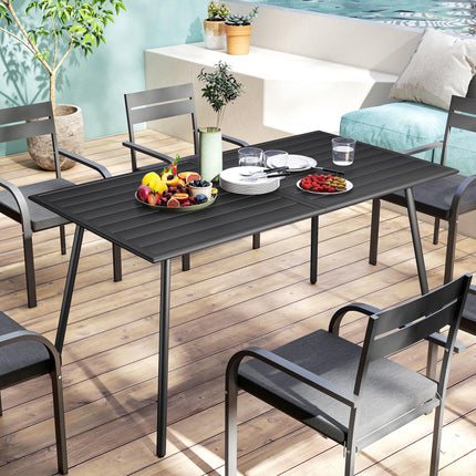 6 Seater Rectangle Garden Table with Slat Top Steel Frame - Black