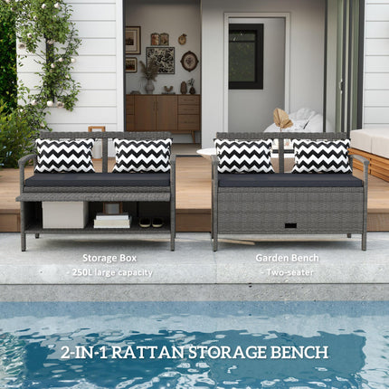 Two-Seater Outdoor Rattan Storage Bench 160L Capacity - Grey
