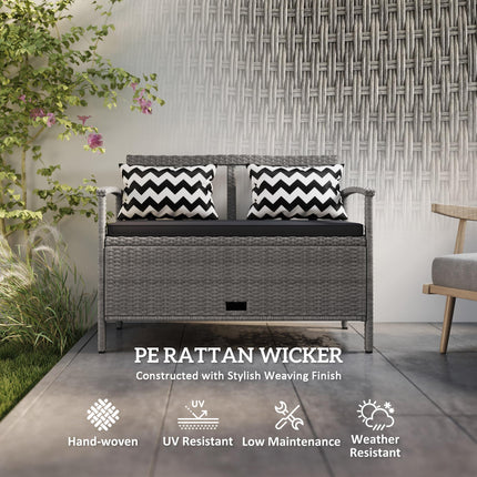 Two-Seater Outdoor Rattan Storage Bench 160L Capacity - Grey