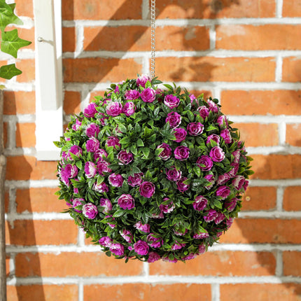 Set of 2 UV-Protected Artificial Topiary Rose Balls 28cm for Indoor Outdoor Decor - Purple