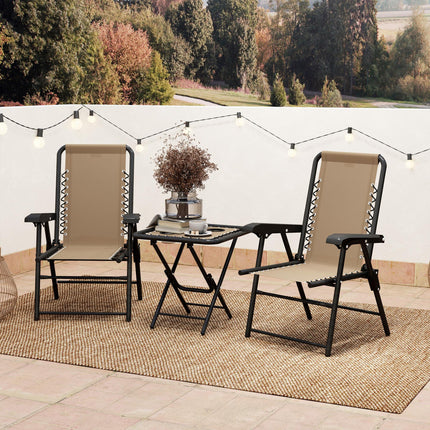 3 Piece Folding Garden Table and Chair Set with Texteline Fabric - Khaki
