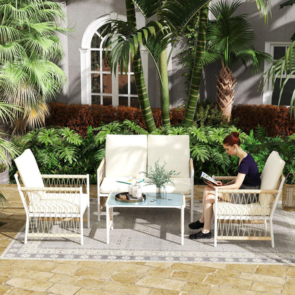 4 Piece Rattan Garden Furniture Set, 4 Seater Wicker Patio Conversation Set with