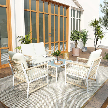 4 Piece Rattan Garden Furniture Set, 4 Seater Wicker Patio Conversation Set with