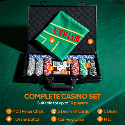 400-Piece Poker Chips Set with Lightweight ABS Case, Casino Texas Holdem Poker Set with Mat, 11.5g Numbered Poker Chips, Two Decks of Cards, Dealer, Five Dices, Grey