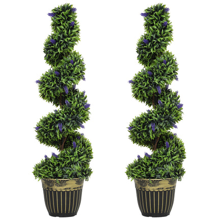 Set of 2 Spiral Boxwood Topiary Trees with Lavender and Pots 115cm - Blue