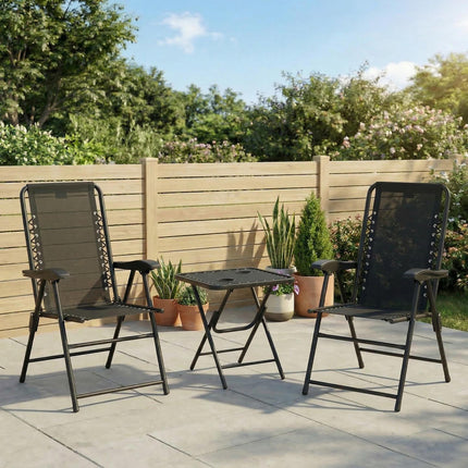 3 Piece Folding Garden Table and Armchair Set with Texteline Fabric - Black